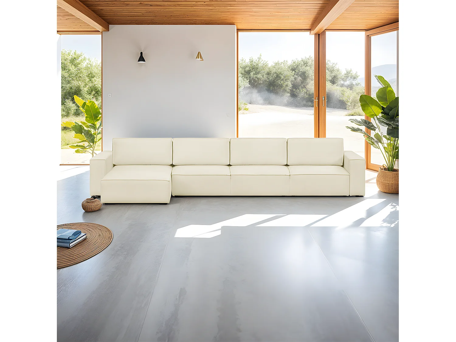 Canapé d'angle modulable réversible convertible 7 places avec coffre de rangement en tissu bouclé écru - Harper Mod