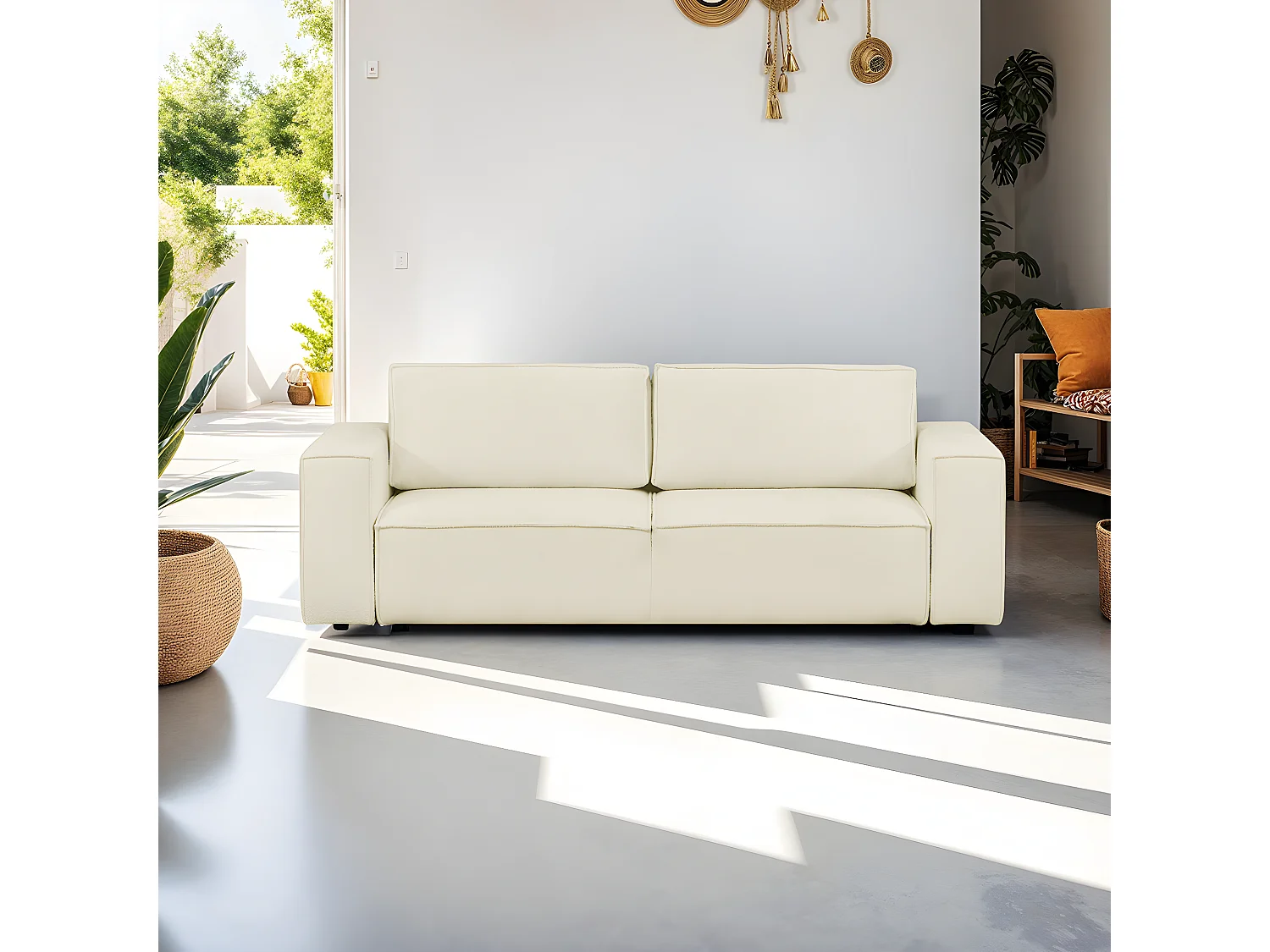 Canapé modulable convertible 5 places avec coffre de rangement en tissu bouclé écru - Harper Mod