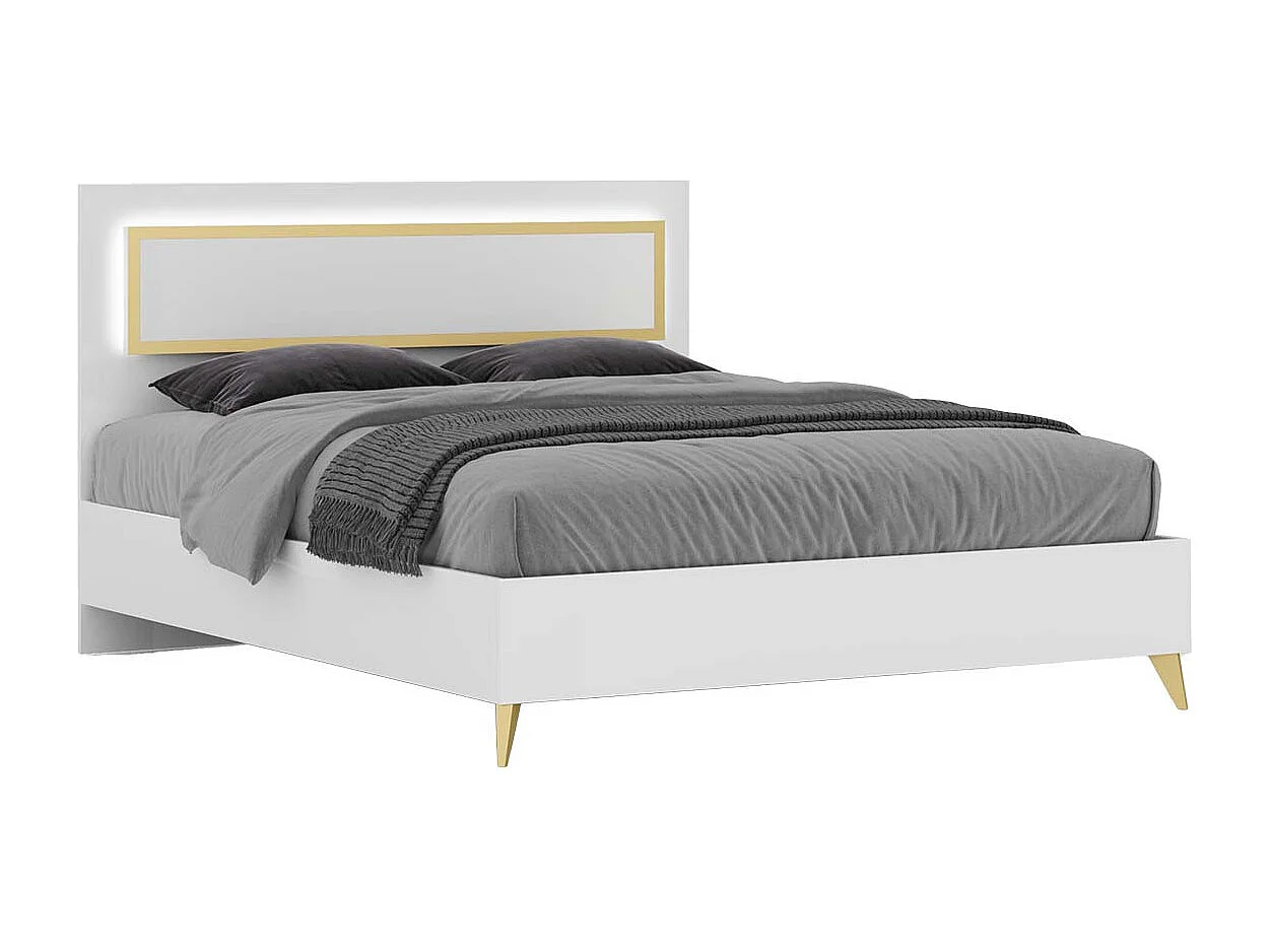 JEMMA - Chambre Complète 160x200cm Blanche et Décor Doré avec Leds