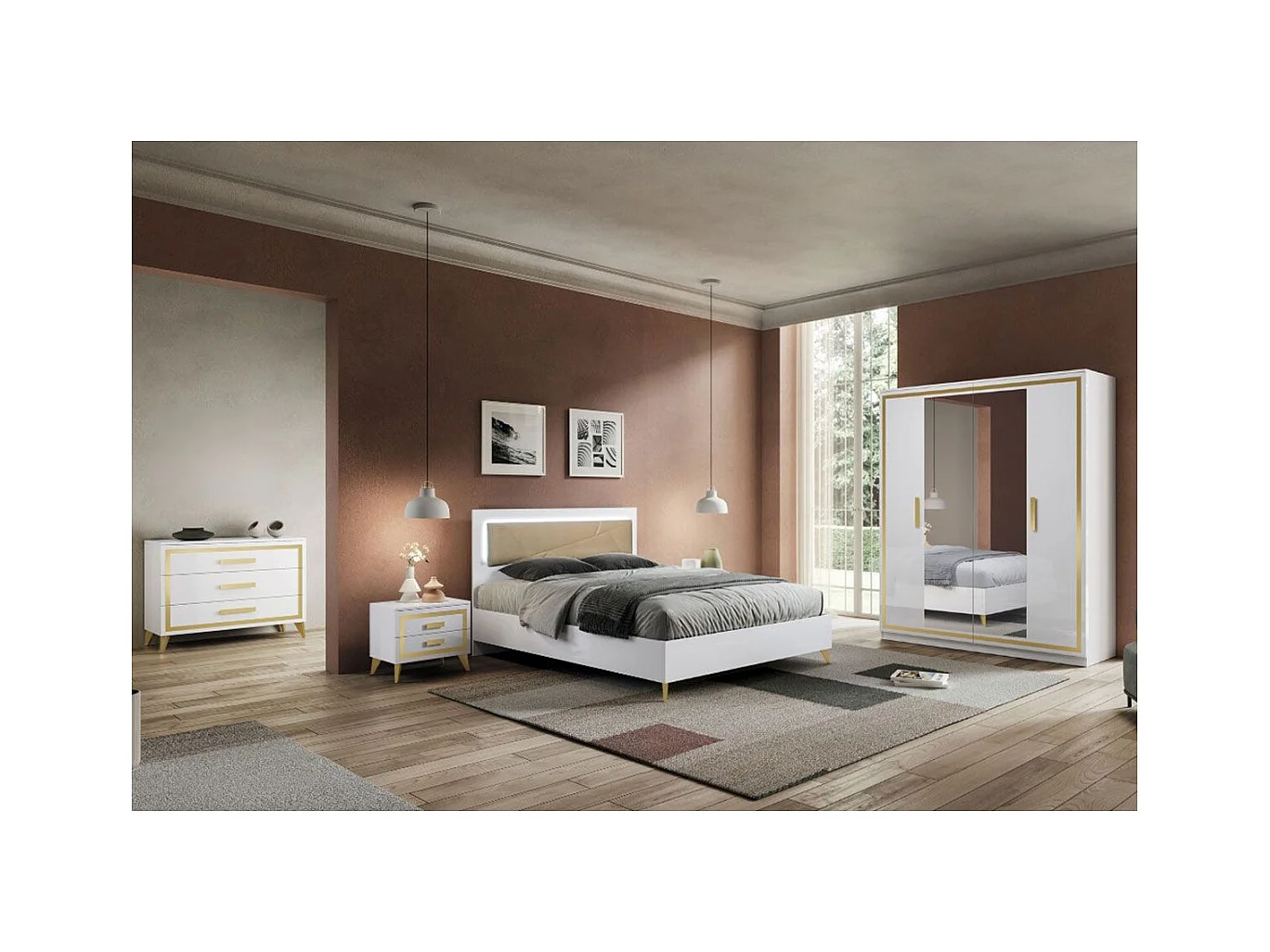 JEMMA - Chambre Complète 160x200cm Blanche et Décor Doré avec Leds