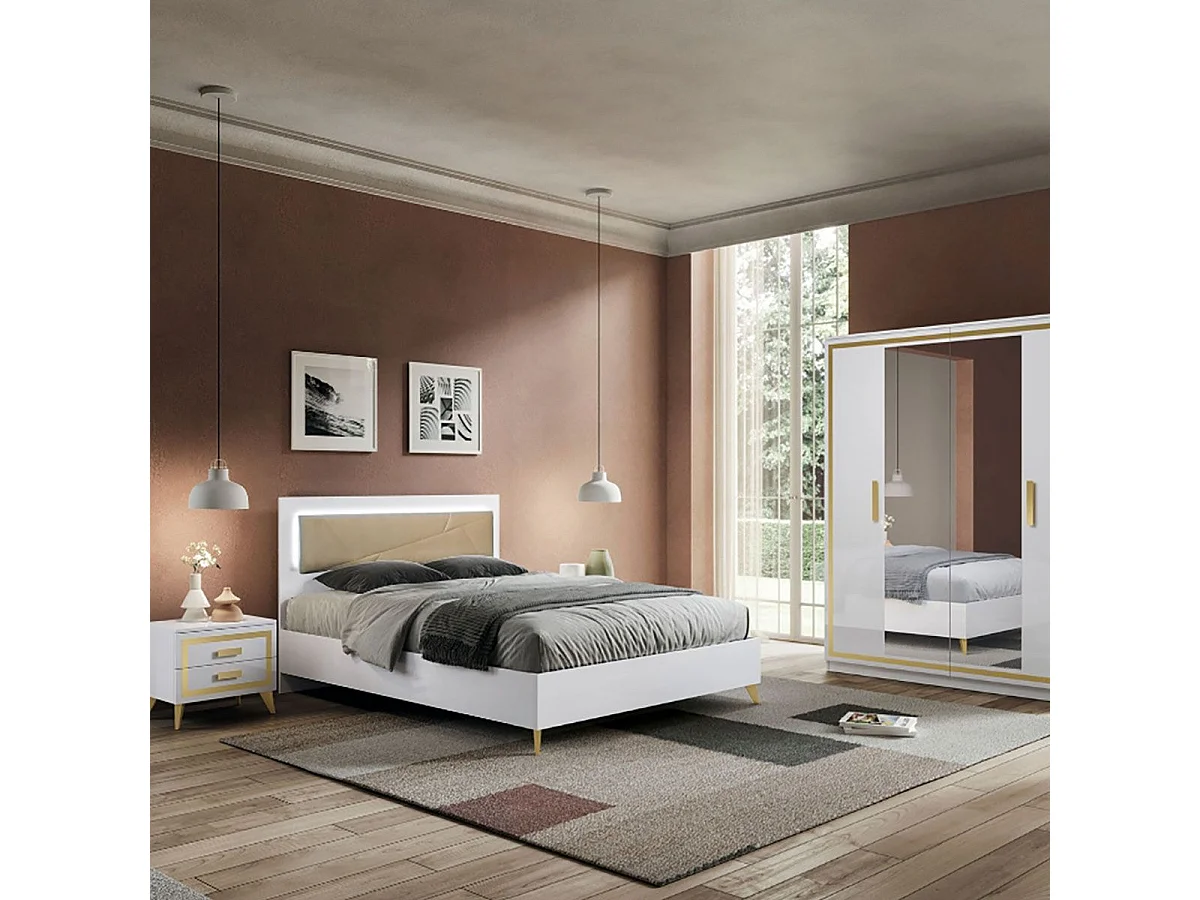JEMMA - Chambre Complète 160x200cm Blanche et Décor Doré avec Leds
