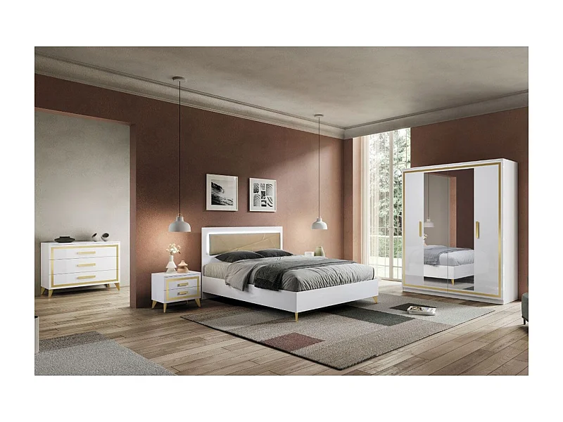 JEMMA - Chambre Complète 160x200cm Blanche et Or Tête Rembourrée avec Leds