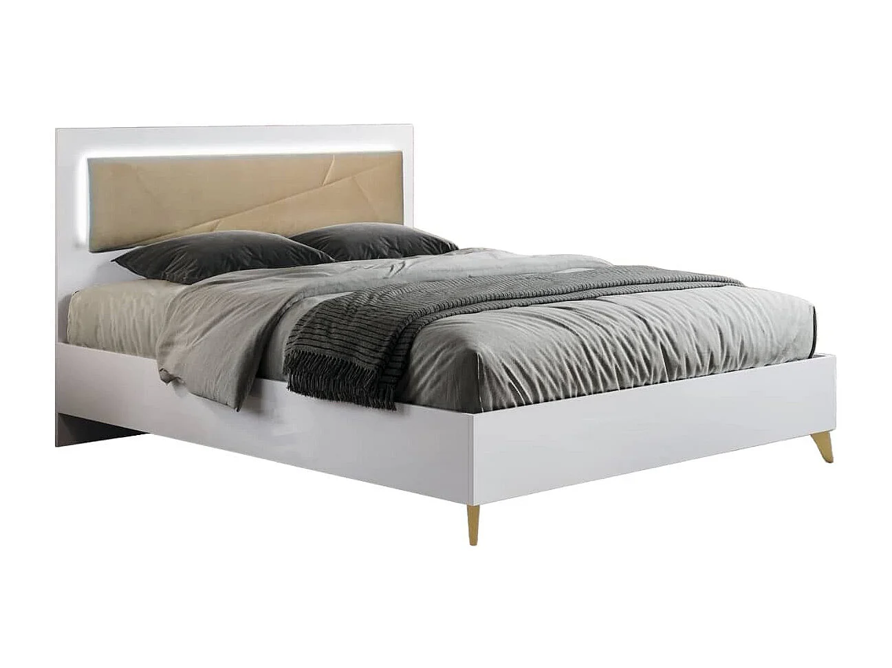 JEMMA - Chambre Complète 160x200cm Blanche et Or Tête Rembourrée avec Leds