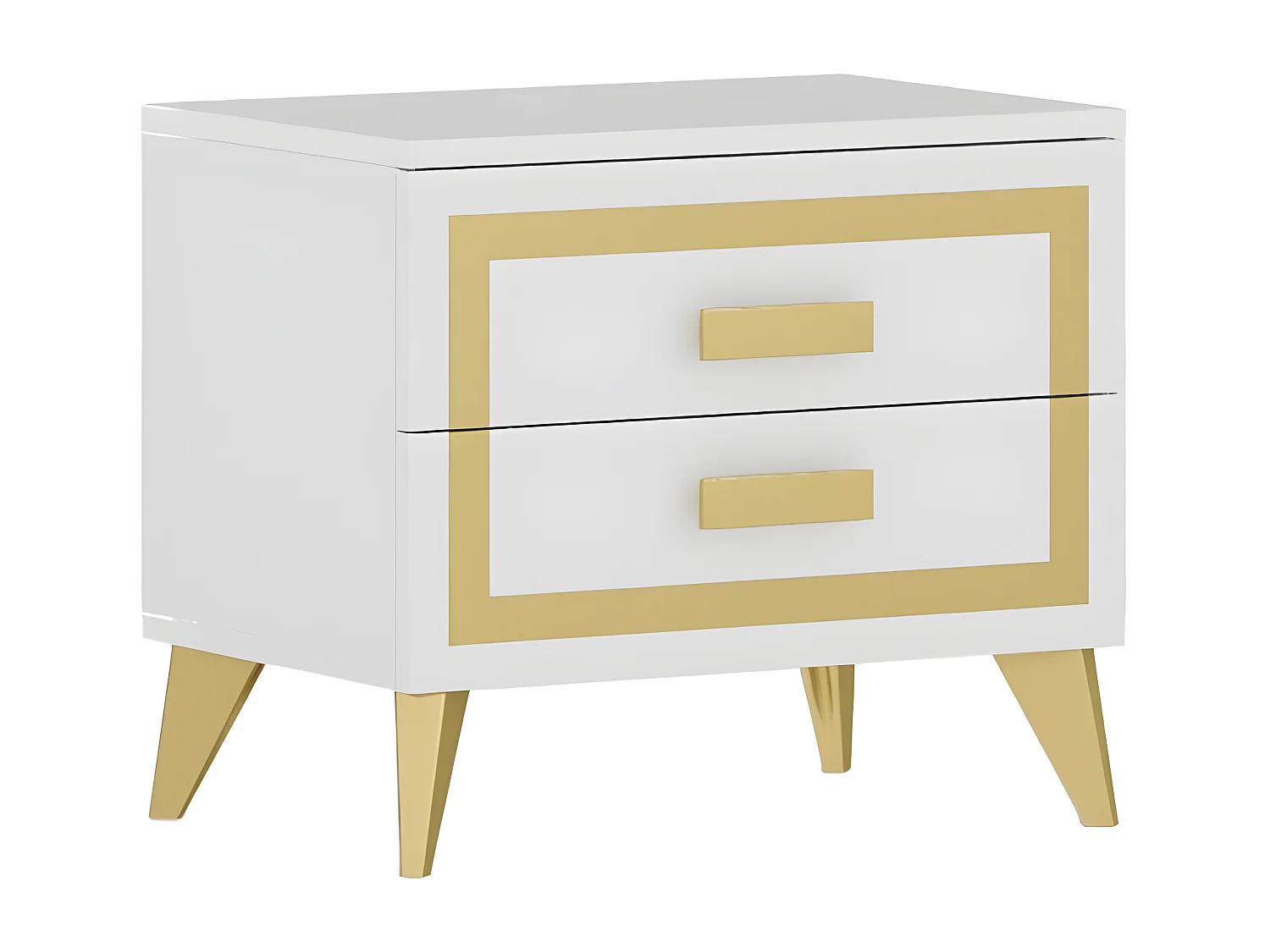 JEMMA - Ensemble Lit 160x200cm Tête Rembourrée avec Leds + 2 Chevets Laqués Blanc et Or