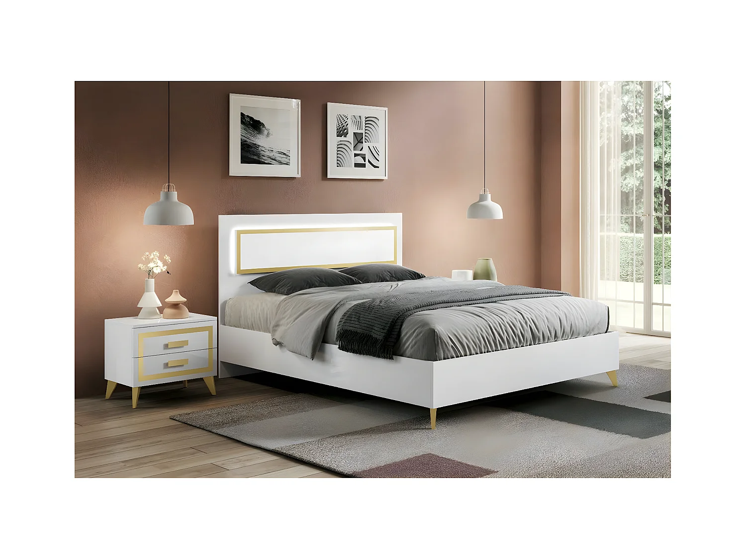 JEMMA - Ensemble Lit 160x200cm avec Leds + 2 Chevets Laqués Blanc et Décor Doré