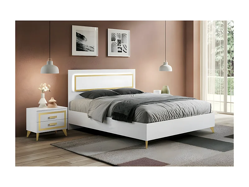 JEMMA - Ensemble Lit 160x200cm avec Leds + 2 Chevets Laqués Blanc et Décor Doré