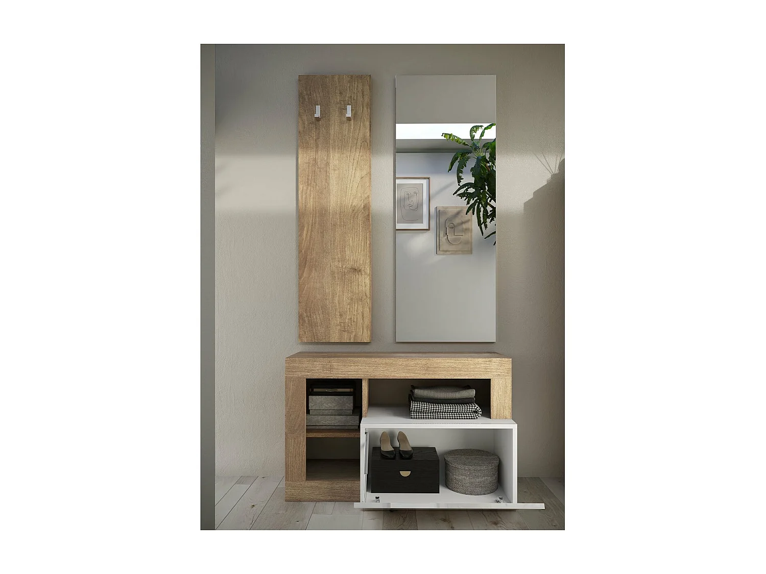 Meuble d'entrée avec porte manteau et miroir Hamburg - H165 cm