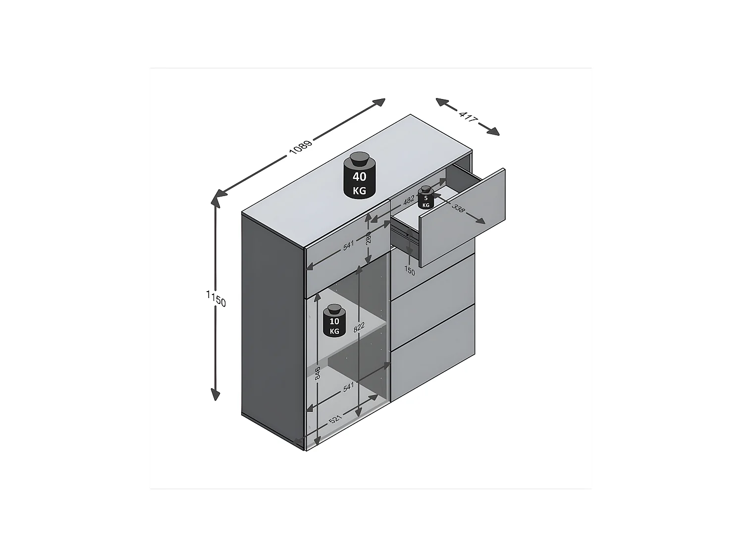 Buffet 1 porte 5 tiroirs Belm 1 - L109 x H115 cm