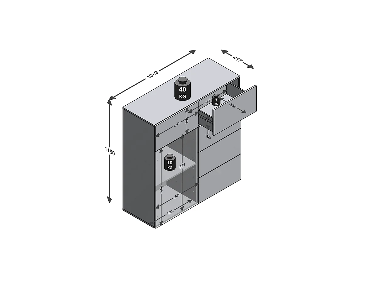 Belm 1 1-drzwiowy kredens z 5 szufladami - szer. 109 x wys. 115 cm