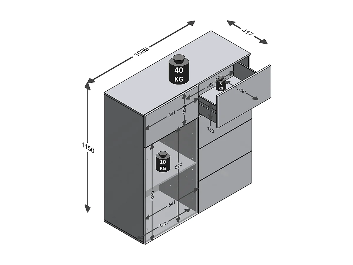 Belm 1 1-drzwiowy kredens z 5 szufladami - szer. 109 x wys. 115 cm