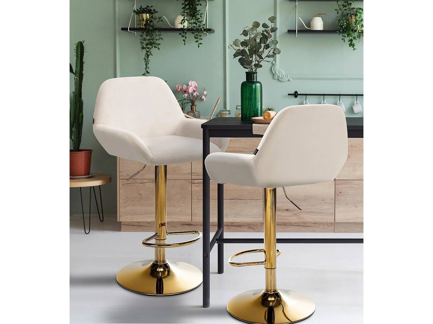 Lot de 2  Tabouret de bar - Velours & Métal - Crème - Braga