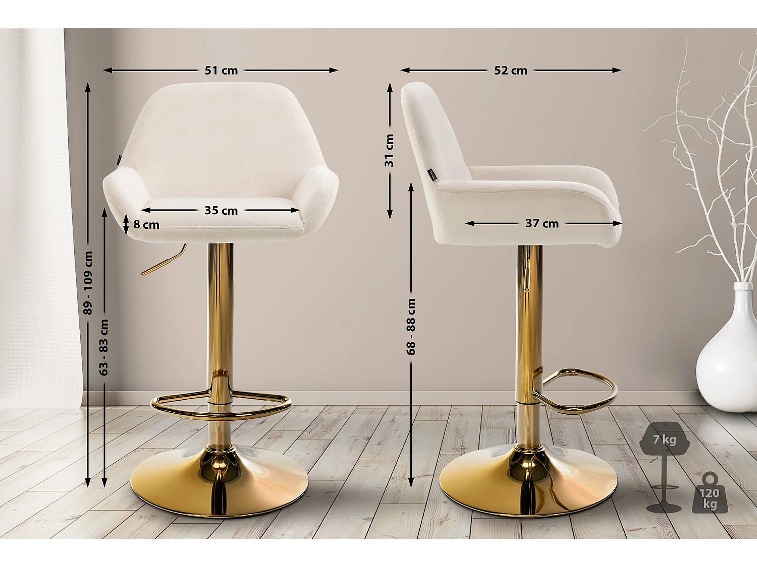 Lot de 2  Tabouret de bar - Velours - Crème - Braga