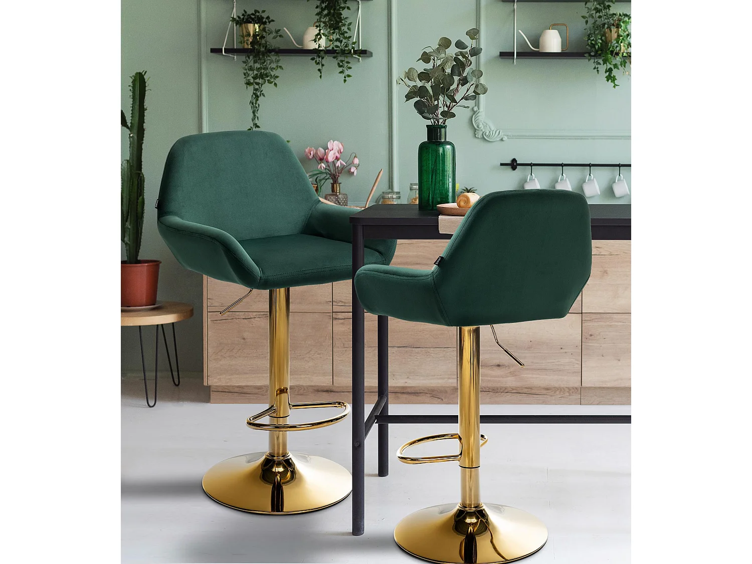 Lot de 2  Tabouret de bar - Velours & Métal - Vert foncé - Braga