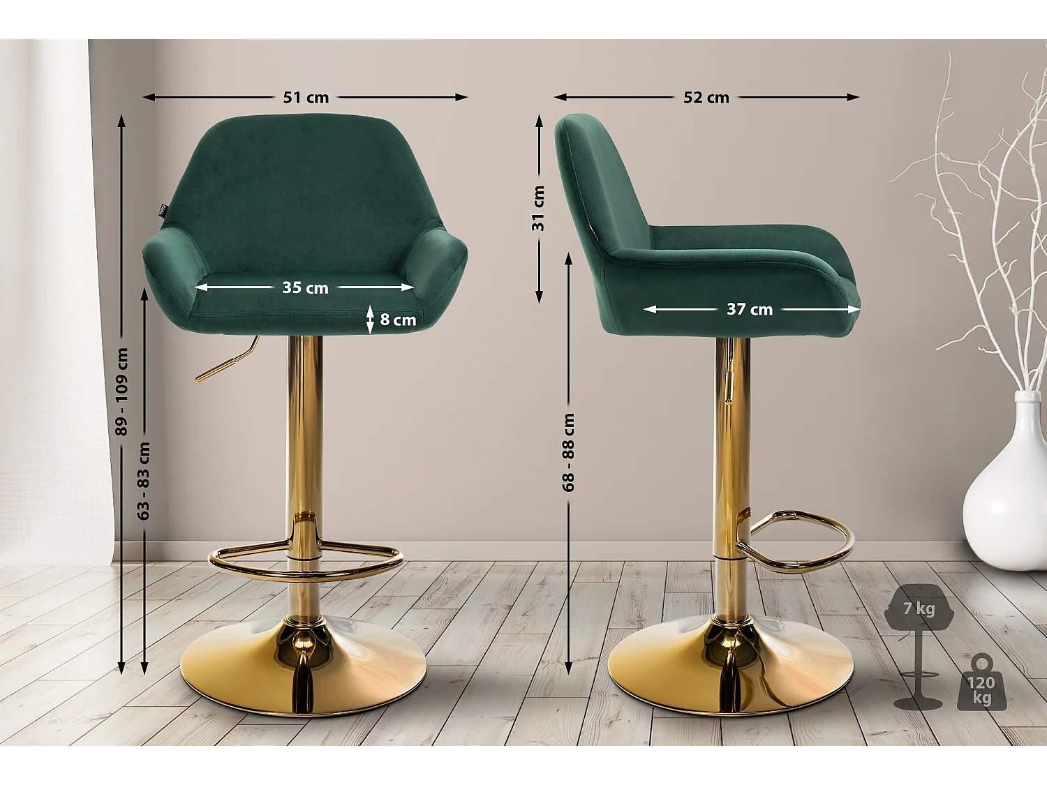 Lot de 2  Tabouret de bar - Velours - Vert foncé - Braga