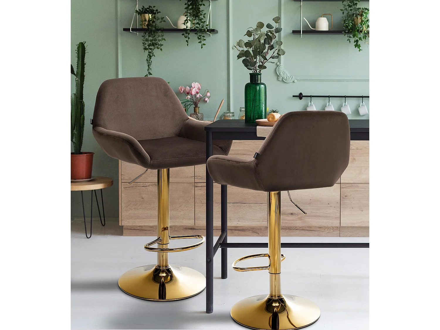 Lot de 2  Tabouret de bar - Velours & Métal - Marron - Braga