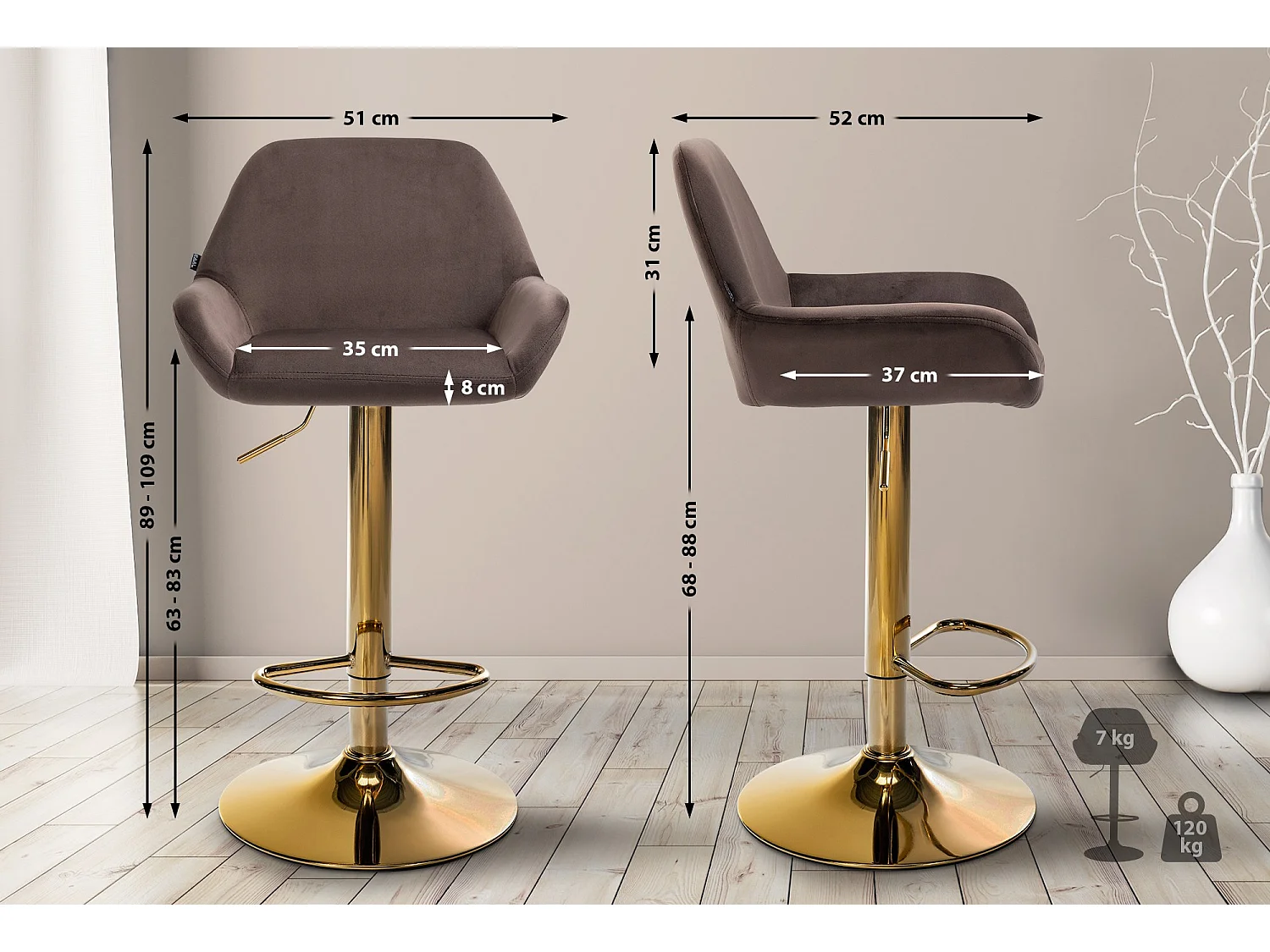 Lot de 2  Tabouret de bar - Velours - Marron - Braga