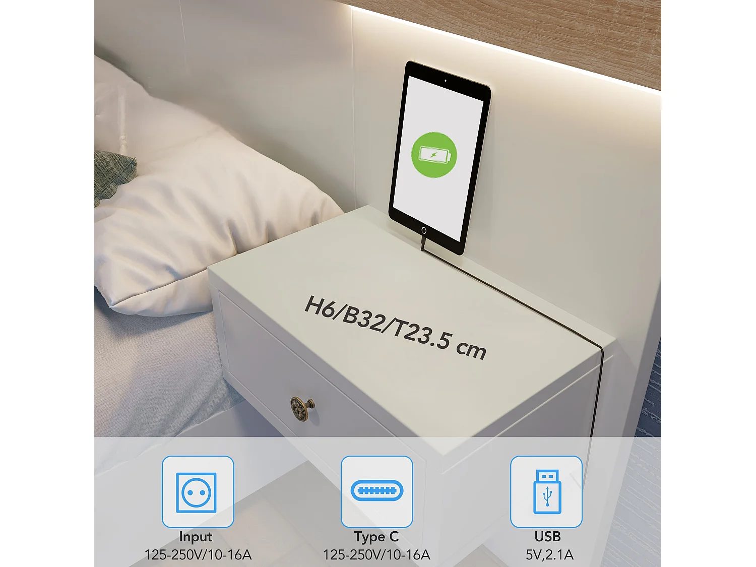 Lit adulte 140x200 cm en bois avec chevets suspendus + LED et ports USB + sommier à lattes - Blanc