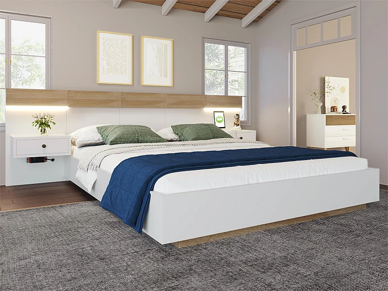 Cama de adulto 140x200 cm em madeira com mesas de cabeceira suspensas + portas LED e USB + base de ripas - Branco