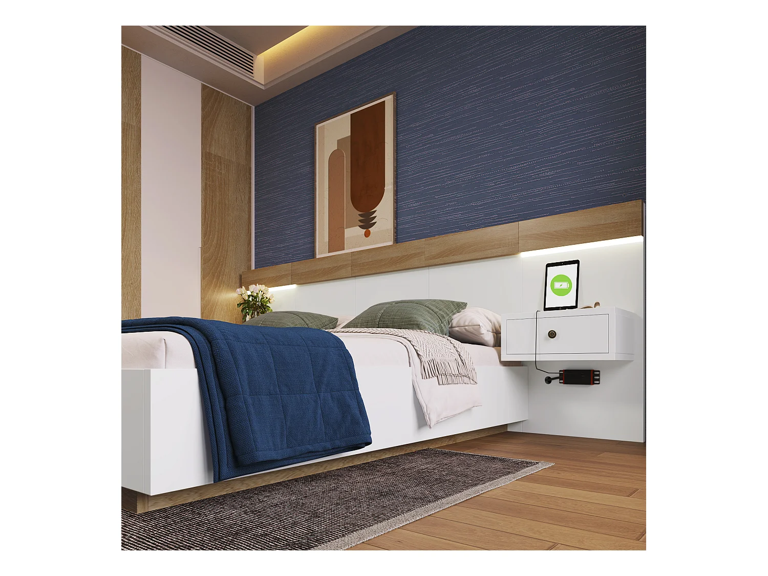 Letto per adulti 160x200 cm con comodini sospesi + porte LED e USB + rete a doghe - legno - bianco