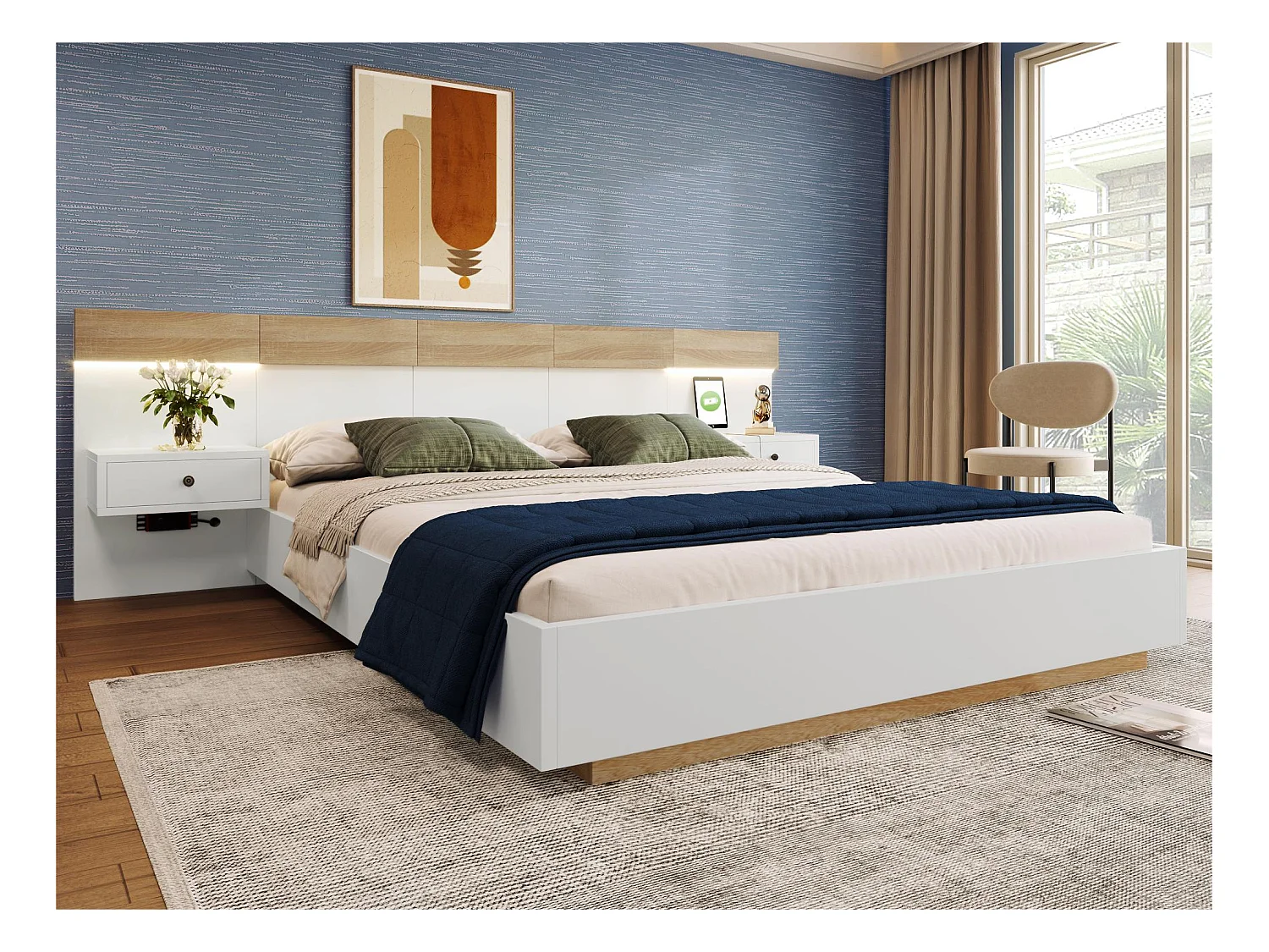 Lit adulte 160x200 cm en bois avec chevets suspendus + LED et ports USB + sommier à lattes - Blanc