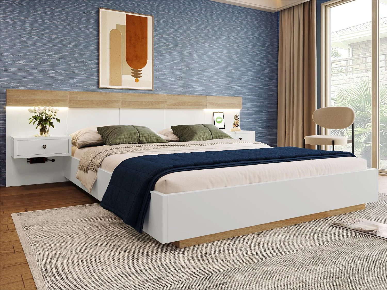 Cama de adulto 160x200 cm em madeira com mesas de cabeceira suspensas + portas LED e USB + base de ripas - Branco