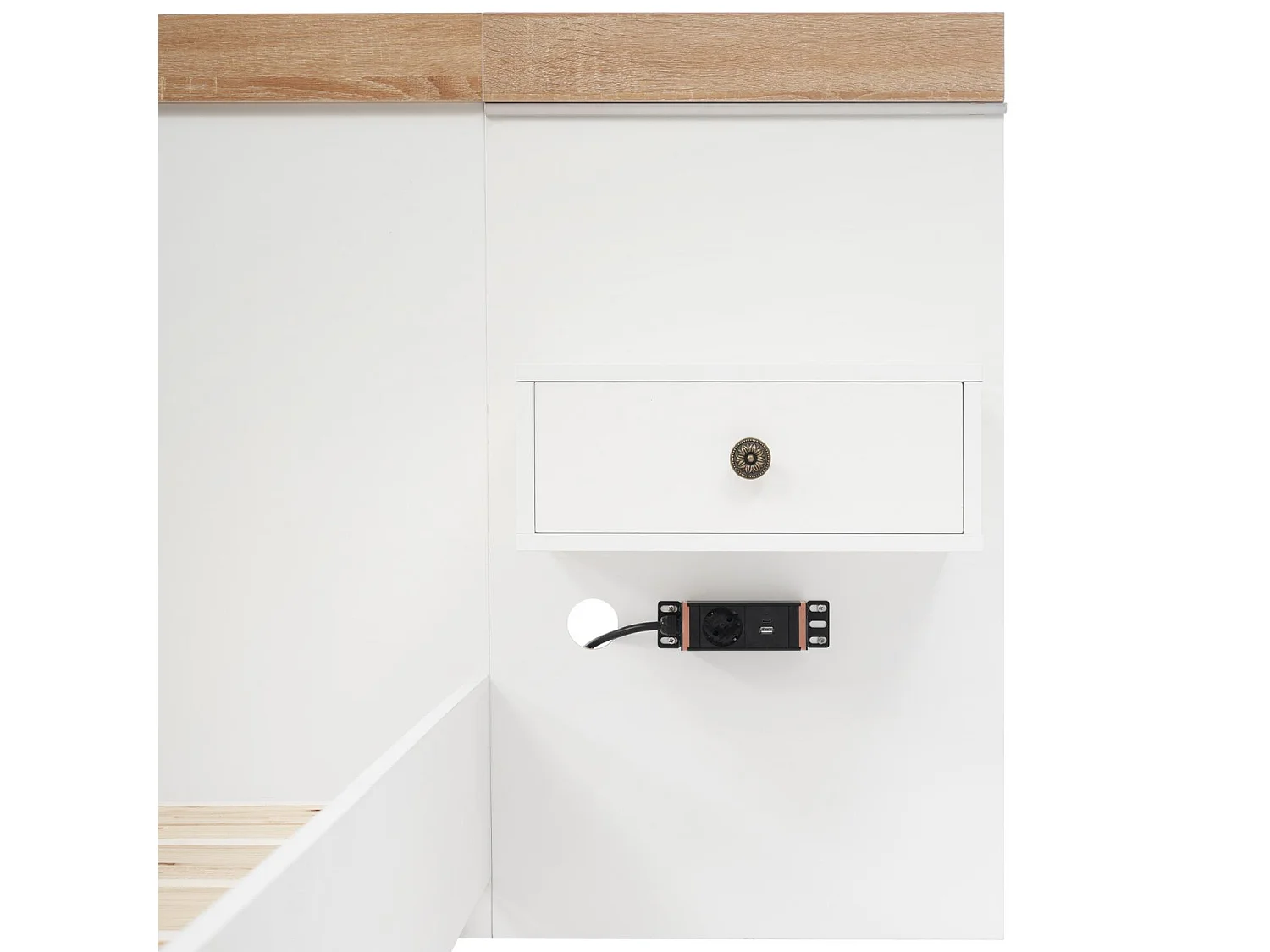 Cama de adulto 160x200 cm em madeira com mesas de cabeceira suspensas + portas LED e USB + base de ripas - Branco