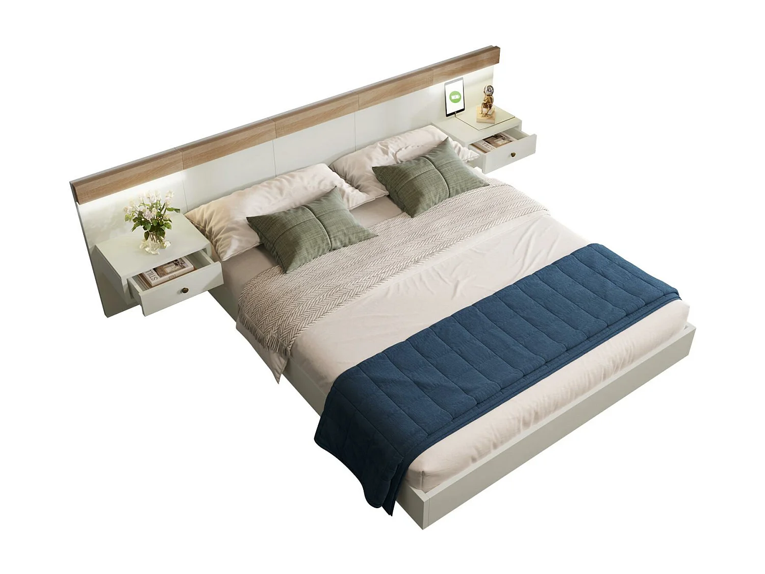 Cama de adulto 160x200 cm em madeira com mesas de cabeceira suspensas + portas LED e USB + base de ripas - Branco