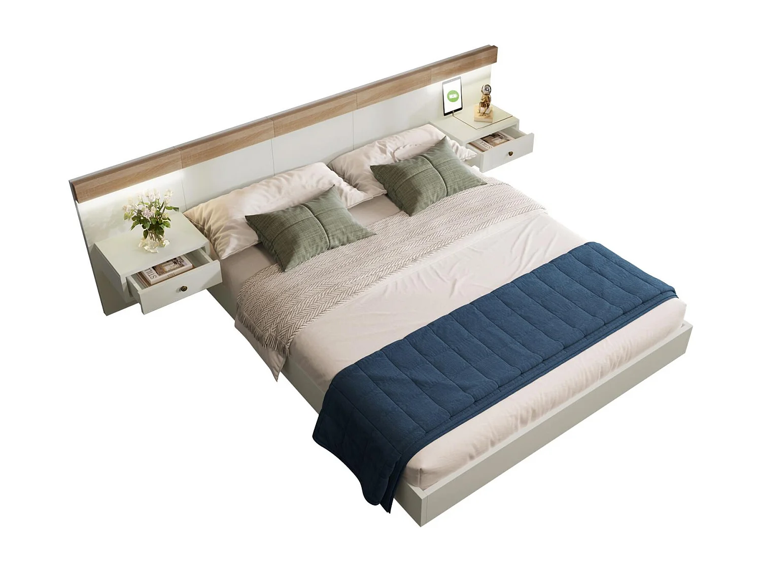 Volwassen bed 180x200cm met hangende nachtkastjes + LED- en USB-poorten + lattenbodem - hout - wit