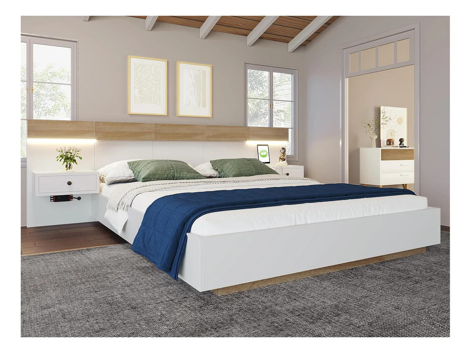 Lit adulte 180x200 cm en bois avec chevets suspendus + LED et ports USB + sommier à lattes - Blanc