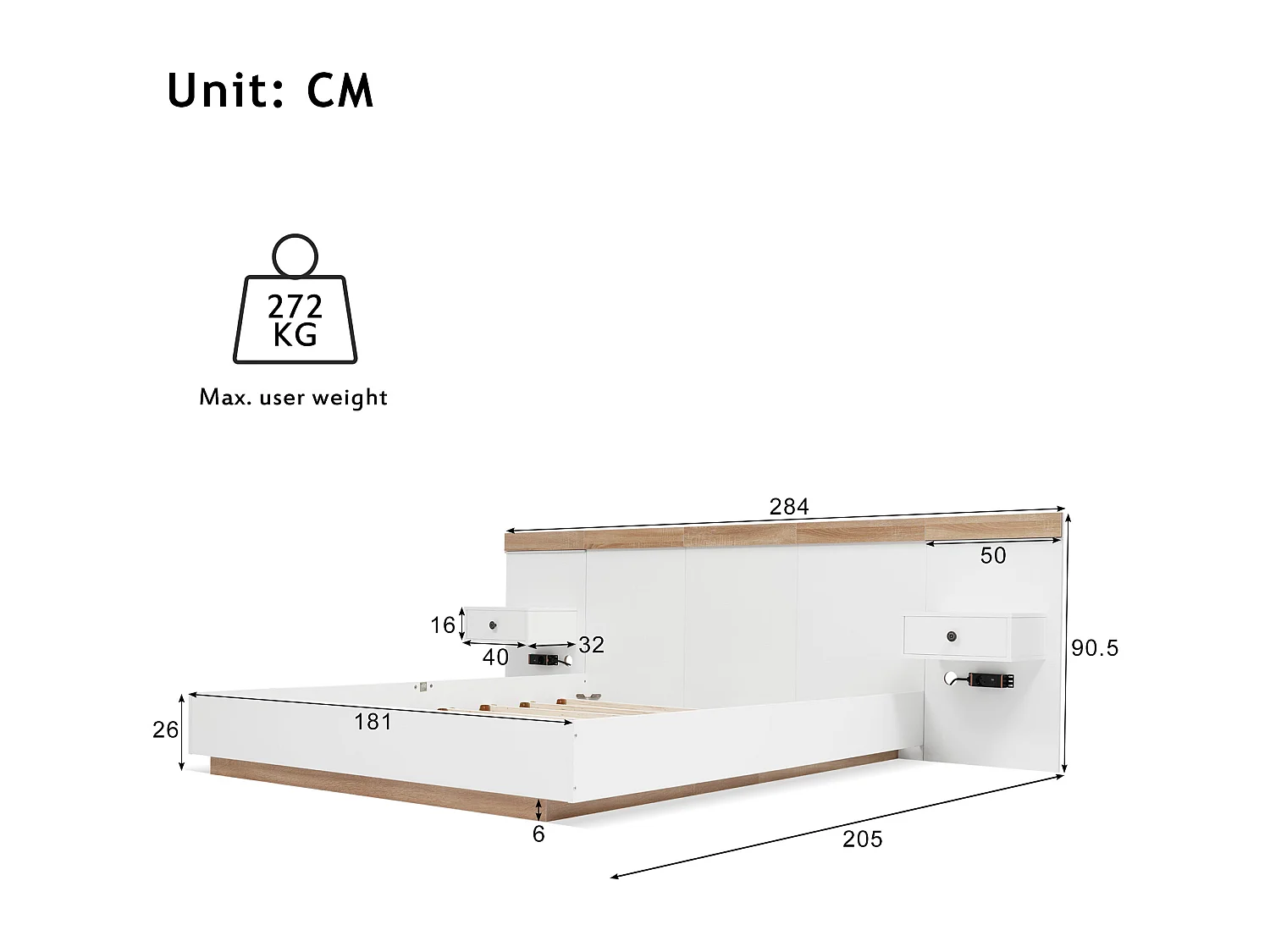 Cama para adultos 180x200 cm con mesitas de noche colgantes + puertos LED y USB + somier - madera - blanco