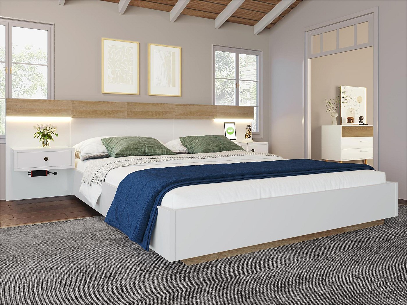 Letto Per Adulti 180x200 Cm Con Comodini Sospesi Porte LED E USB 