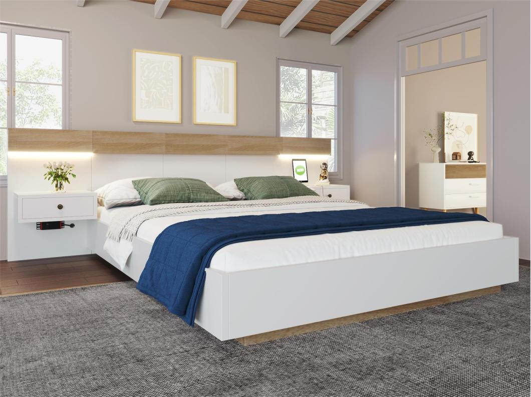 Cama para adultos 180x200 cm con mesitas de noche colgantes + puertos LED y USB + somier - madera - blanco