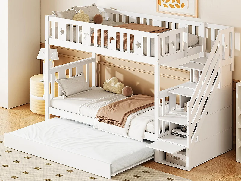 Kinderstapelbed 90x200 cm + onderschuifbed 90x190 cm - massief hout - met opbergtrap - Wit