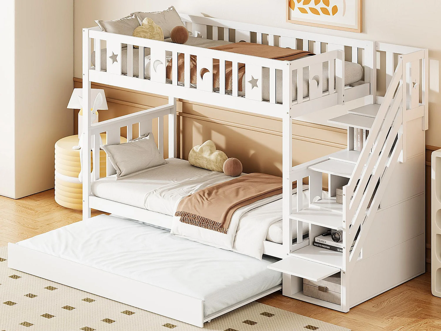 Etagenbett für Kinder 90 x 200 cm + Ausziehbett 90 x 190 cm – Massivholz – mit Stauraumtreppe – Weiß