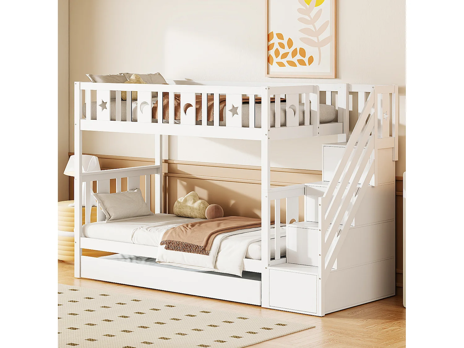 Etagenbett für Kinder 90 x 200 cm + Ausziehbett 90 x 190 cm – Massivholz – mit Stauraumtreppe – Weiß