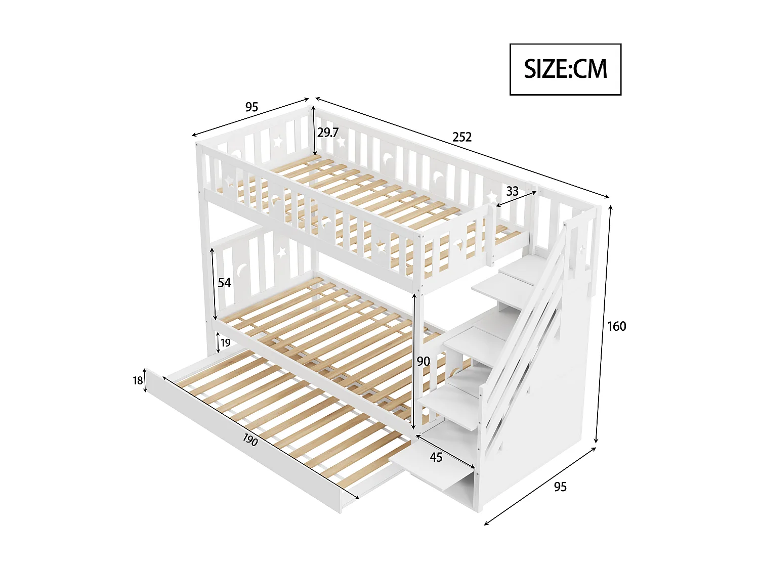 Etagenbett für Kinder 90 x 200 cm + Ausziehbett 90 x 190 cm – Massivholz – mit Stauraumtreppe – Weiß