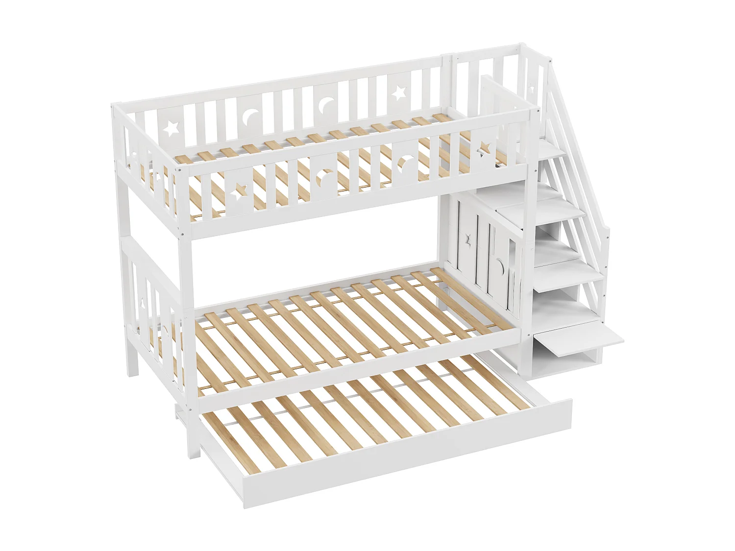 Etagenbett für Kinder 90 x 200 cm + Ausziehbett 90 x 190 cm – Massivholz – mit Stauraumtreppe – Weiß