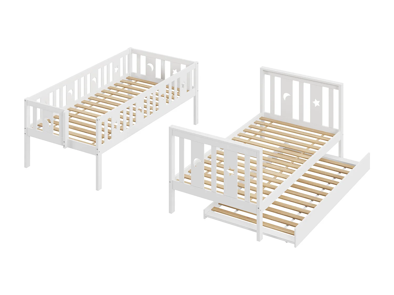 Etagenbett für Kinder 90 x 200 cm + Ausziehbett 90 x 190 cm – Massivholz – mit Stauraumtreppe – Weiß