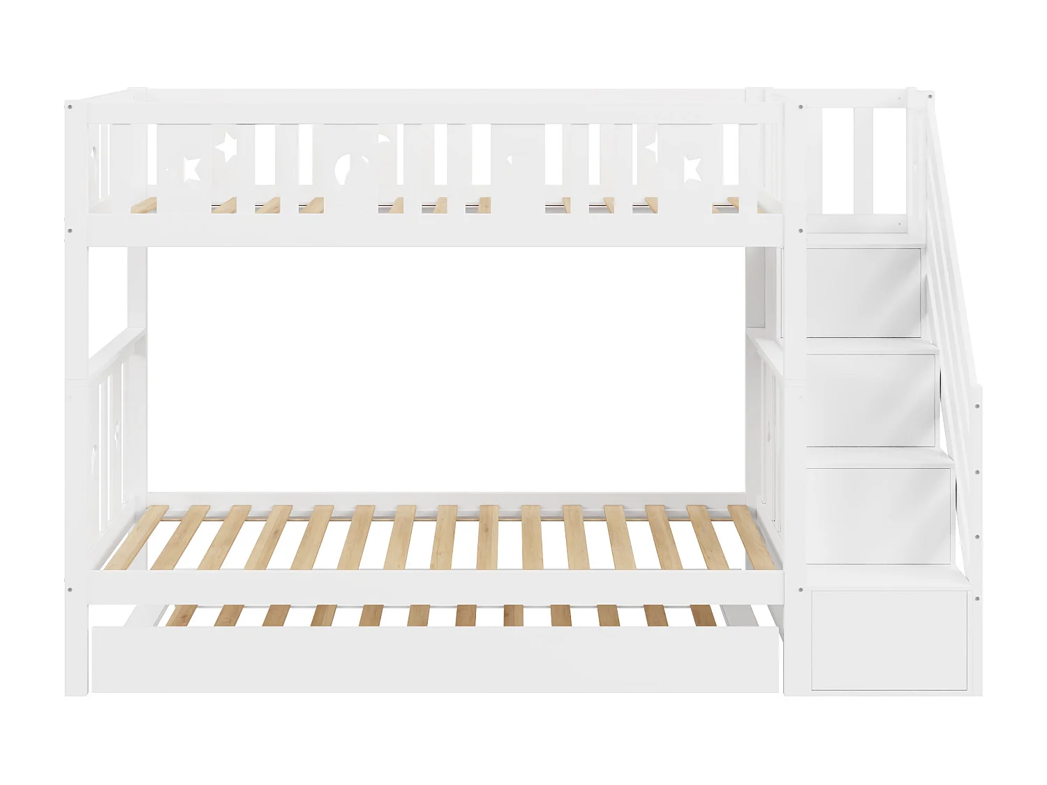 Etagenbett für Kinder 90 x 200 cm + Ausziehbett 90 x 190 cm – Massivholz – mit Stauraumtreppe – Weiß