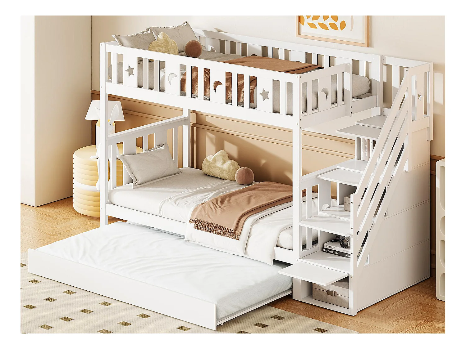 Lit superposé enfant 90x200 cm + lit gigogne 90x190 cm - en bois massif - avec escalier de rangement - Blanc