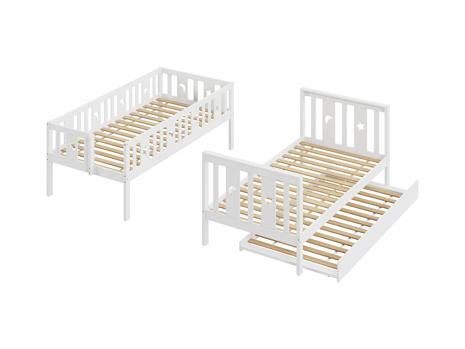 Lit superposé enfant 90x200 cm + lit gigogne 90x190 cm - en bois massif - avec escalier de rangement - Blanc