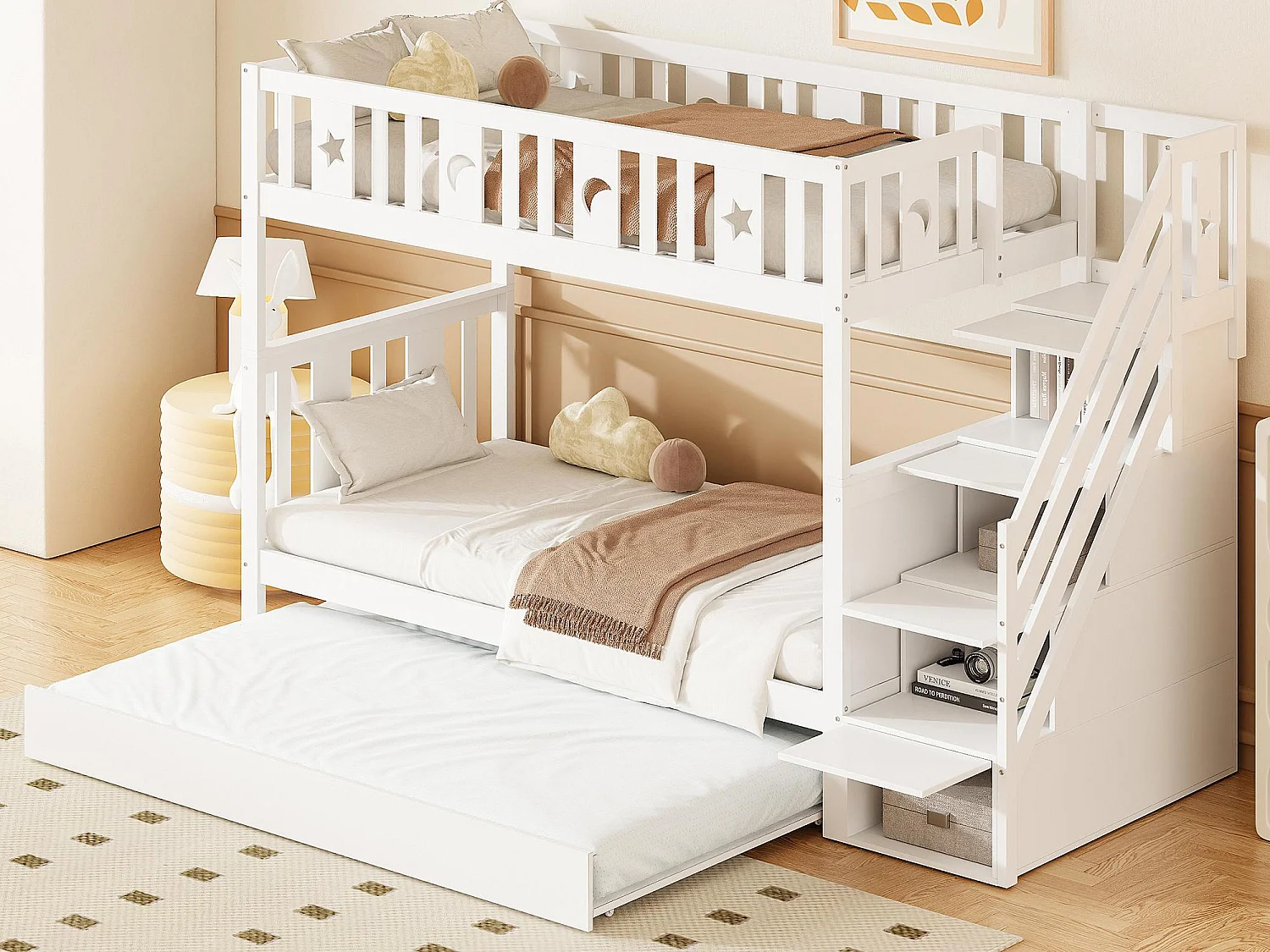 Lit superposé enfant 90x200 cm + lit gigogne 90x190 cm - en bois massif - avec escalier de rangement - Blanc