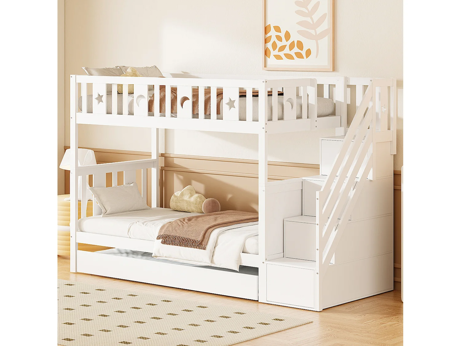 Lit superposé enfant 90x200 cm + lit gigogne 90x190 cm - en bois massif - avec escalier de rangement - Blanc