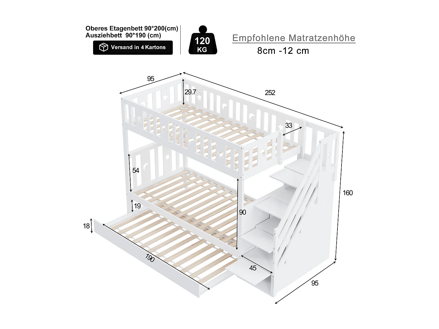 Lit superposé enfant 90x200 cm + lit gigogne 90x190 cm - en bois massif - avec escalier de rangement - Blanc