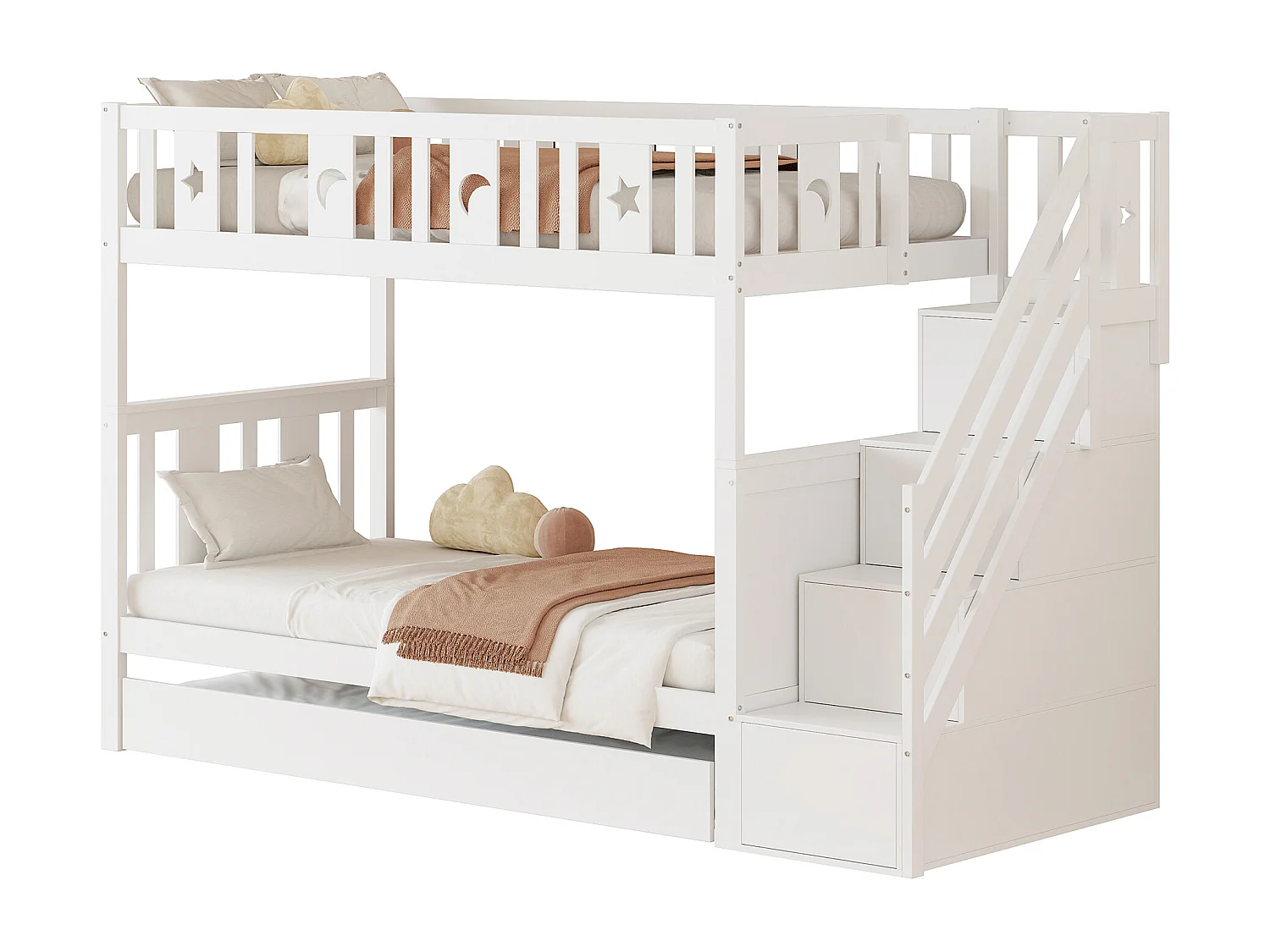 Lit superposé enfant 90x200 cm + lit gigogne 90x190 cm - en bois massif - avec escalier de rangement - Blanc