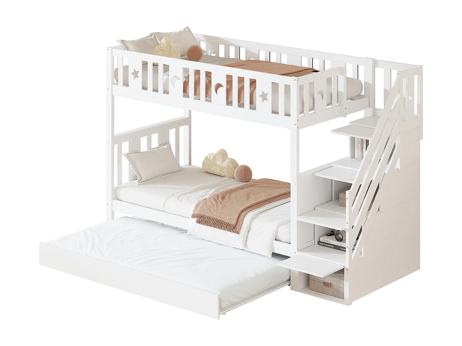 Lit superposé enfant 90x200 cm + lit gigogne 90x190 cm - en bois massif - avec escalier de rangement - Blanc