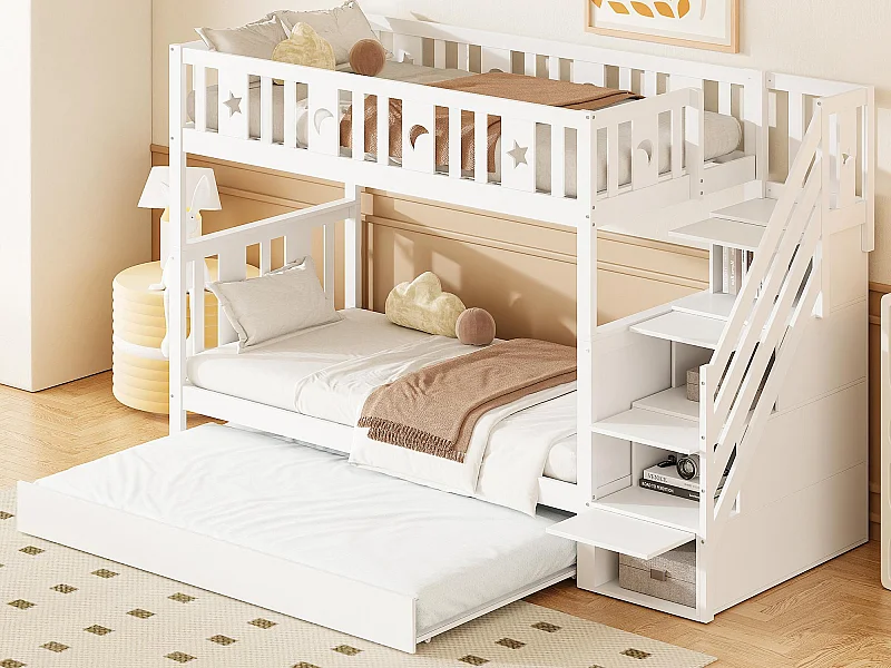 Lit superposé enfant 90x200 cm + lit gigogne 90x190 cm - en bois massif - avec escalier de rangement - Blanc