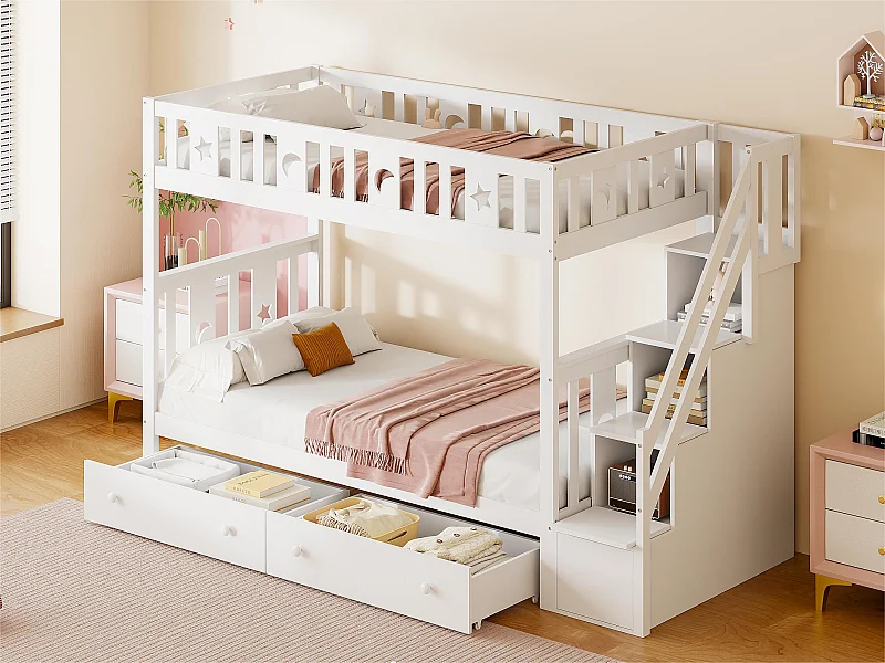 Lit superposé enfant 90x200 cm - en bois massif - avec escalier de rangement et 2 tiroirs - Blanc