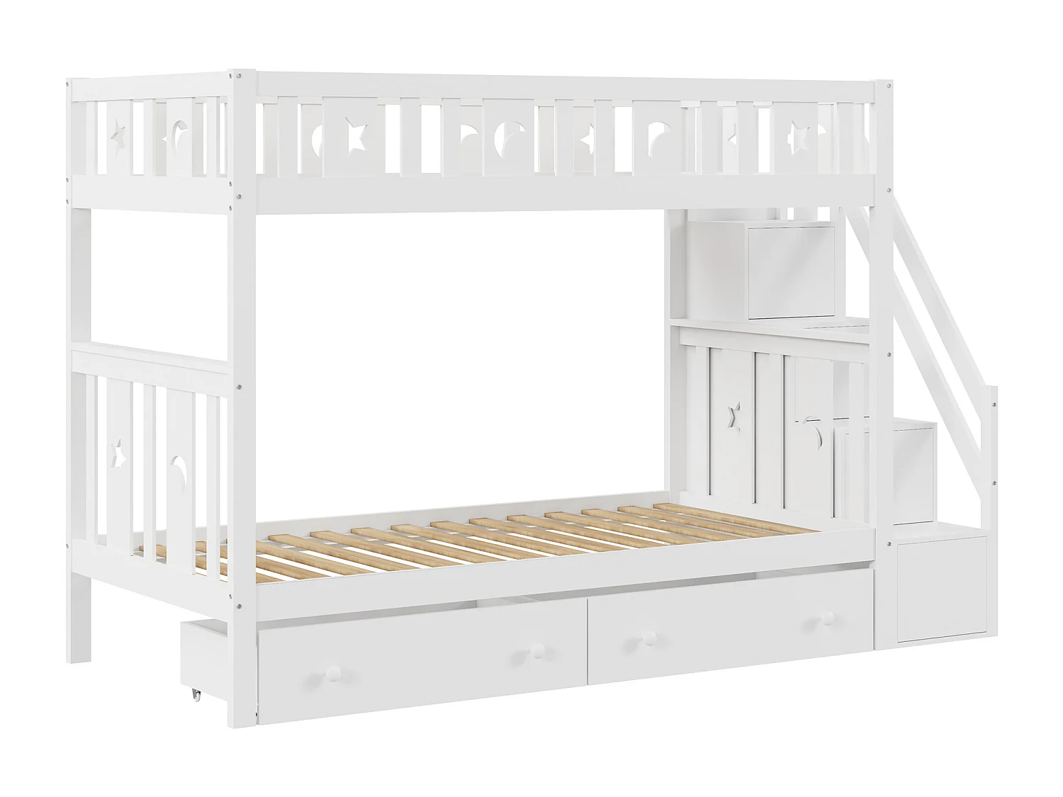 Lit superposé enfant 90x200 cm - en bois massif - avec escalier de rangement et 2 tiroirs - Blanc
