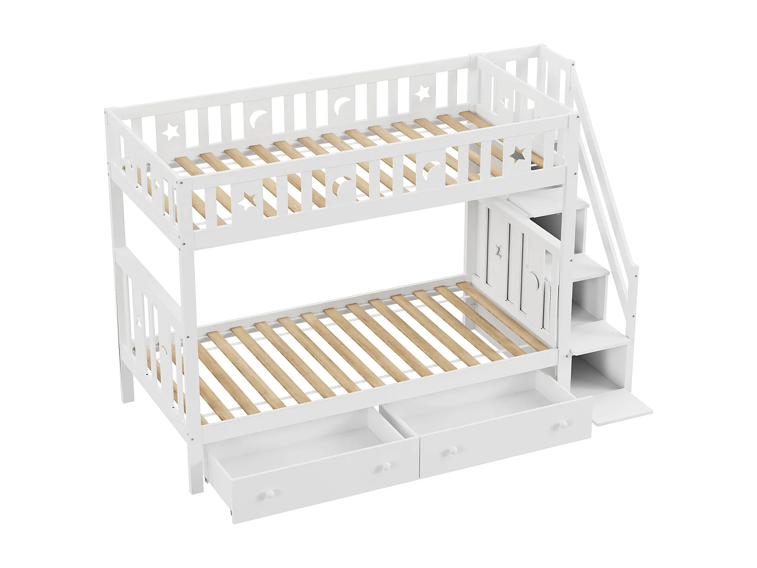 Lit superposé enfant 90x200 cm - en bois massif - avec escalier de rangement et 2 tiroirs - Blanc